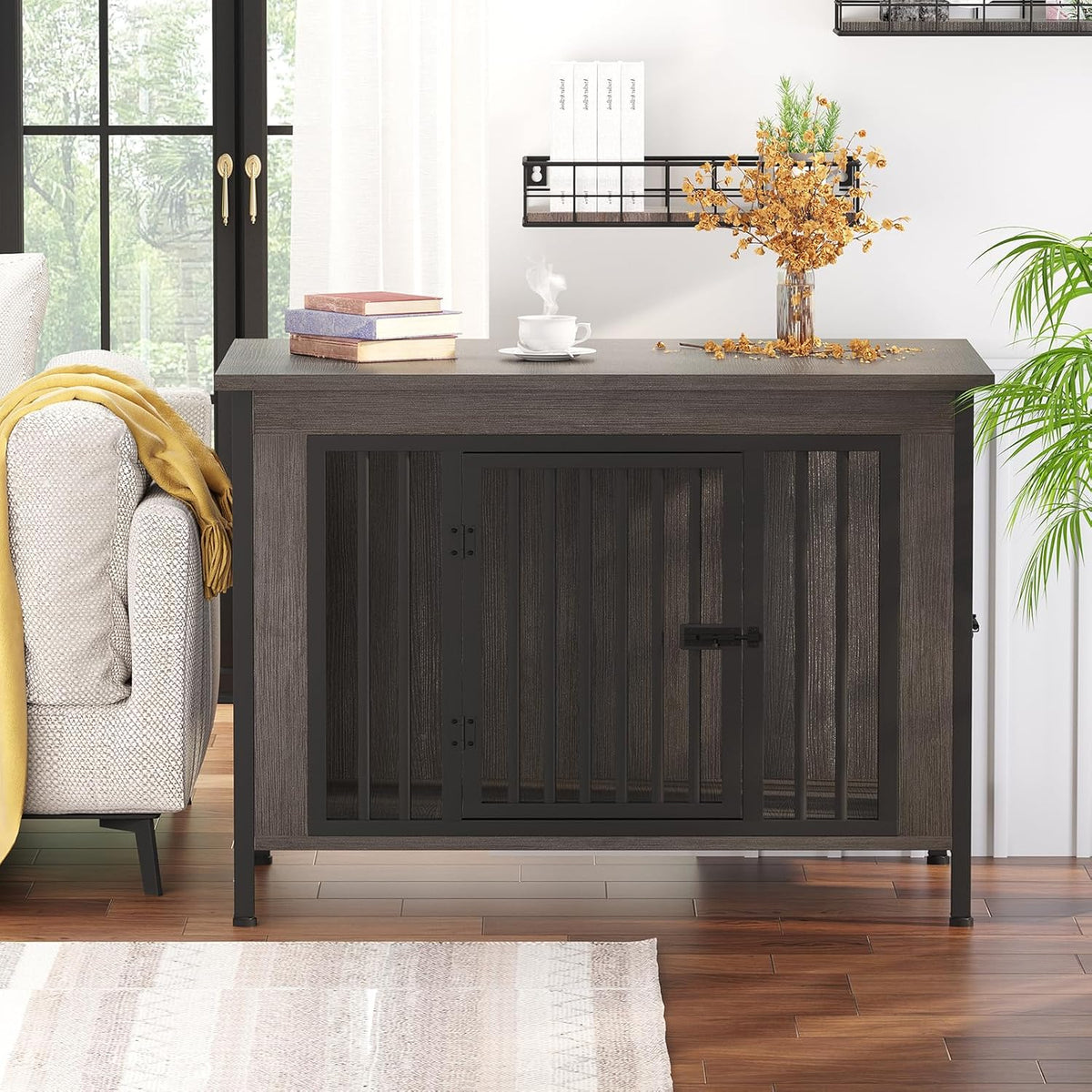 EasyCom 39.96" XL Wooden Large Dog Crate Furniture for Medium and Large Breed, Chew-Resistant Dog Kennel Furniture Indoor with 2 Doors and 3.94" Raised Feet, as TV Stand, End Table, Crate Table