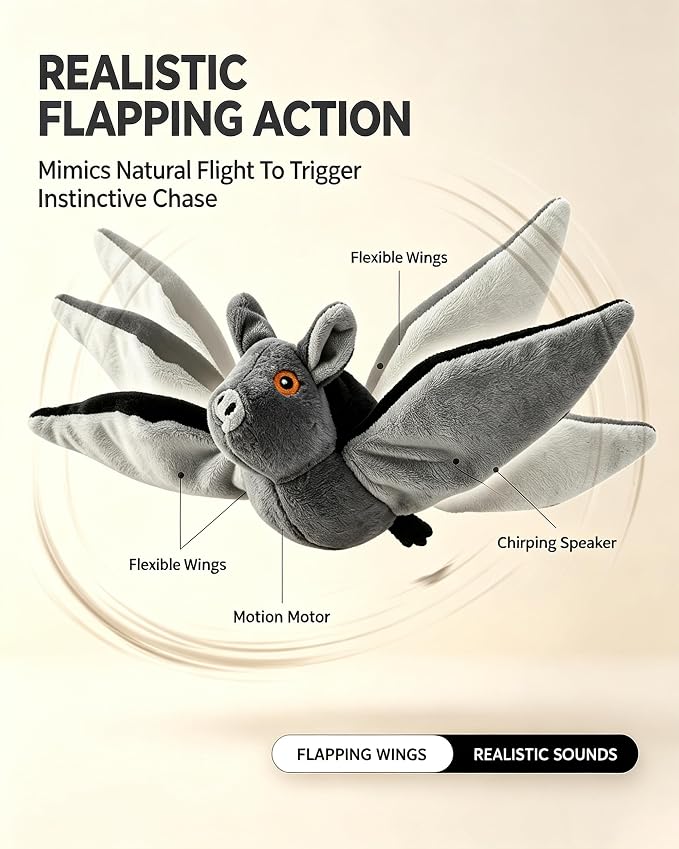 Flying Bat Dog Toy, Interactive Flying Bat Toy for Dogs with Flapping Wings, Chirping Sounds, USB Rechargeable, Touch Activated, Hanging or Floor Toy for Dogs, Puppies and Cats to Reduce Boredom，1PCS
