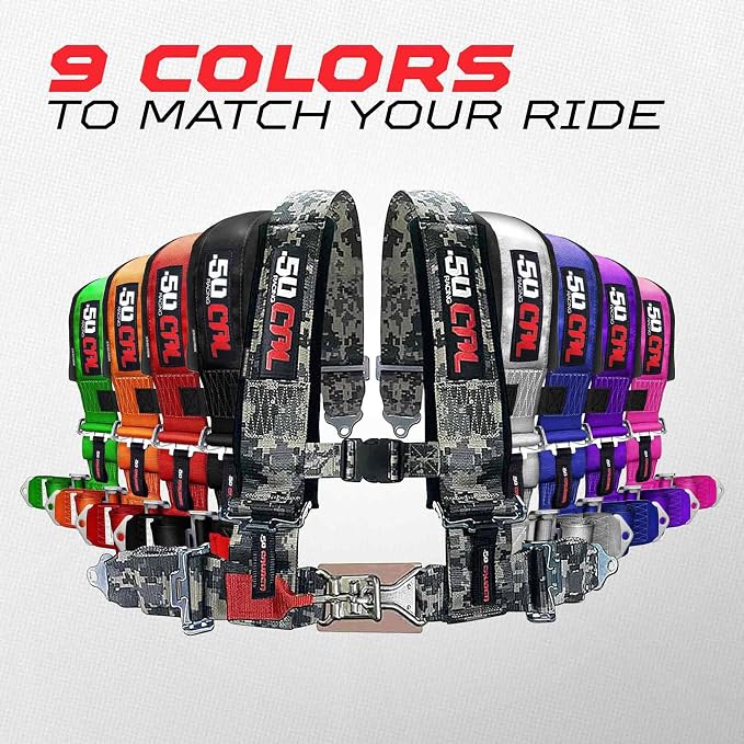 1pc 50 Cal Red 4 Point Harness 2" straps, Racing Harness Seat Belt | Ultra Kush padding, Push Button quick release hardware. Universal Fit for UTV, RZR, race car
