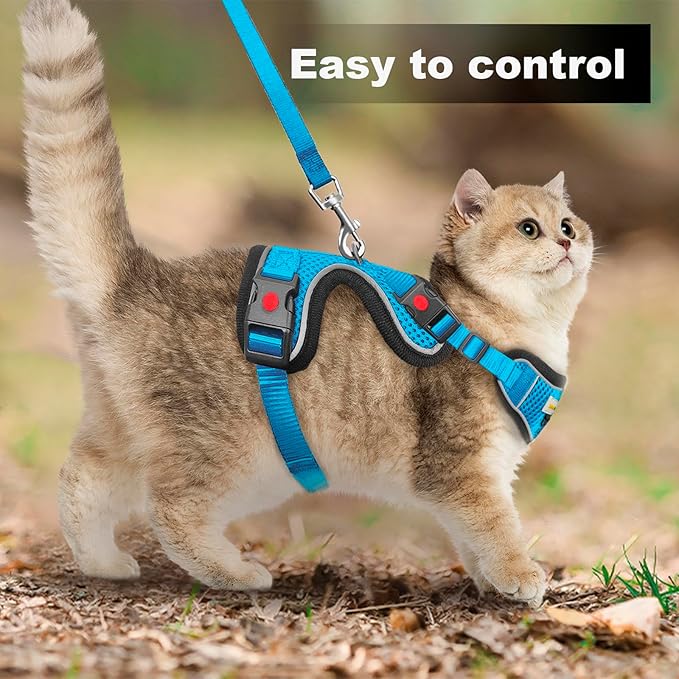 Cat Harness and Leash for Walking, Retractable Cat Harnesses and Leash Set Escape Proof, Breathable Soft Kitten Small Large Harness for Travel Training and Walking, Blue, XS