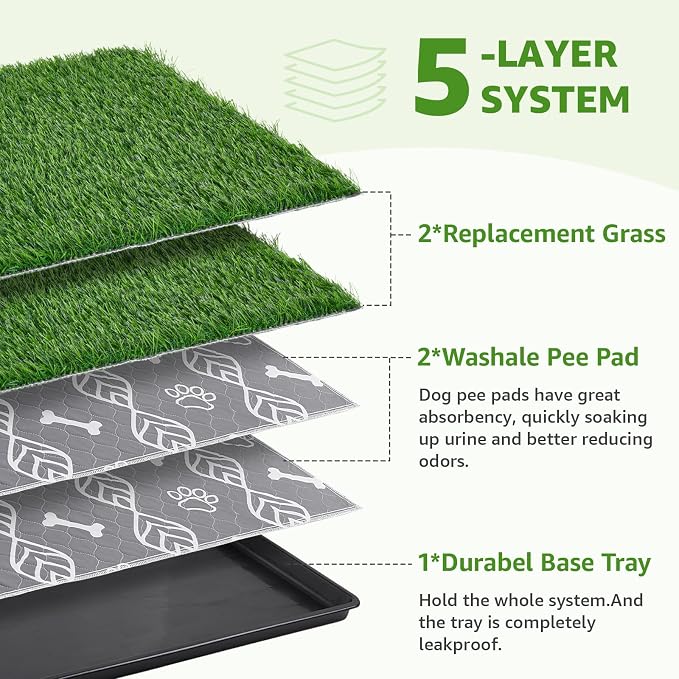 LOOBANI Large Dog Grass Pad with Tray - 41x27in for Balcony Apartment | Dog Potty with 2 Artificial Grass & 2 Washable Pee Pads for Replacement, Quick-Absorbency, Easy to Clean, Indoor/Outdoor Use