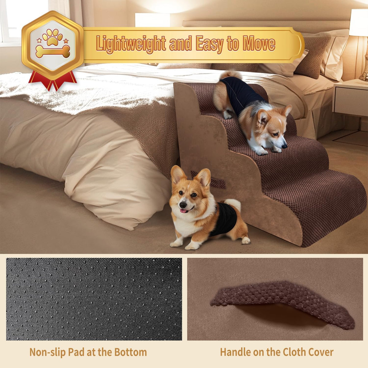 PAWSCART Dog Stairs for Small Dogs and Cats, 4-Step Dog Steps for Bed, 19.6" H Pet Stairs for High Bed, Pet Ramp for Couch, Sofa, Non-Slip Surface Removable Washable Cover, Brown