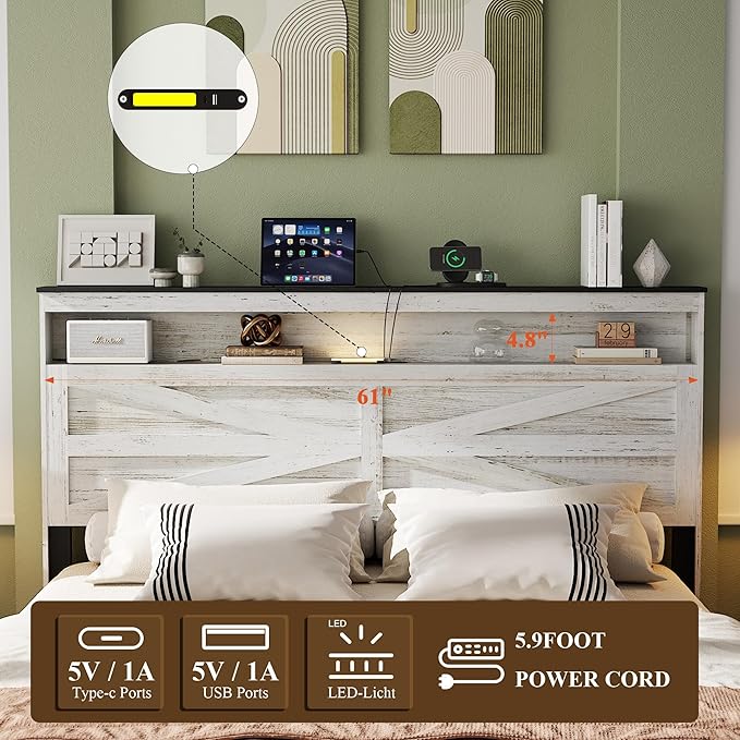 Farmhouse Queen Size Bed Frame with Headboard Storage Shelf, Wood Platform Bed Frame with LED Lights & Charging Station, Rustic White Metal Bed, No Box Spring Needed, Noise-Free Sturdy Structure