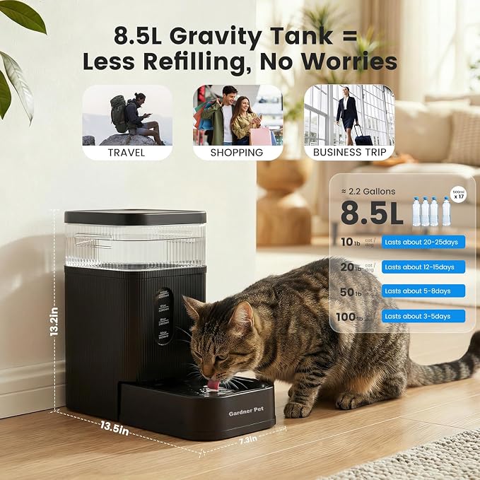 Gardner Pet 2.2 Gallon Automatic Dog Water Bowl Dispenser 8.5L Gravity Water Feeder with Stainless Steel Bowl & Maifan Stone Filter, BPA-Free for for Cats and Dogs (Black, 2.2 Gallon)