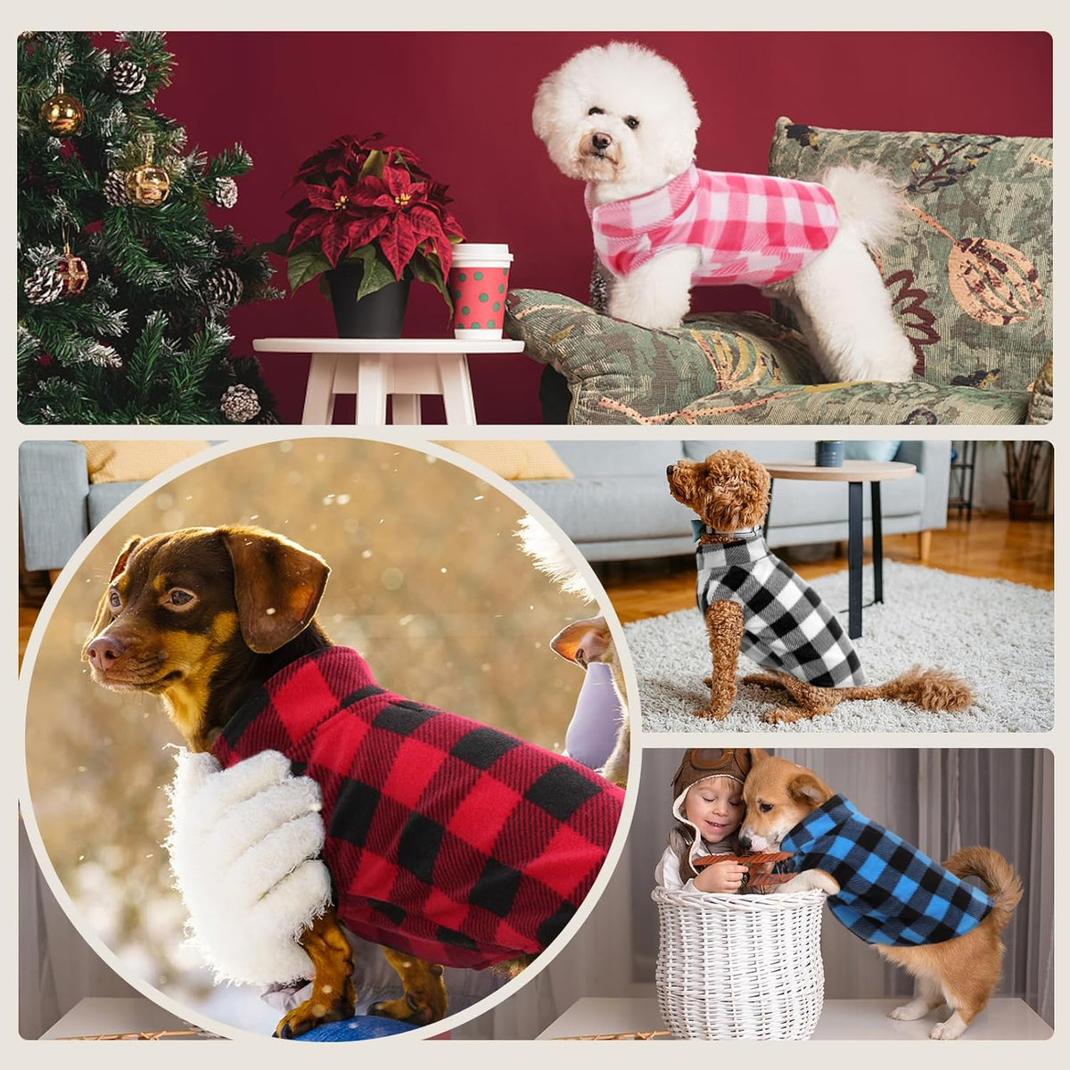 Kuoser Dog Fleece Vest,Warm Plaid Dog Sweater with Leash Hole,Soft Turtleneck Winter Pet Jacket Dogs Coat Pullover Clothes for Small Medium Dogs Cats,Spring Fall Cold Weather Christmas Outfit,Black S