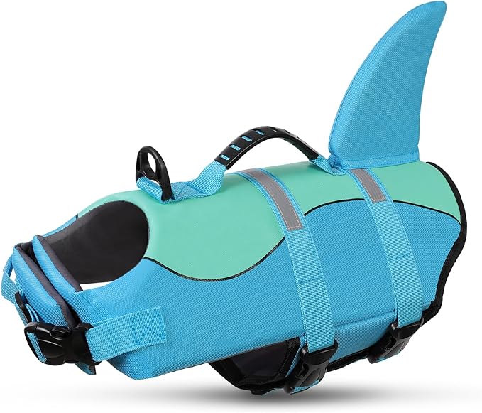 Shark Dog Life Jacket, Dog Life Vests for Boating, High Buoyant Pet Life Vest for Swimming, Adjustable Easy On Life Jackets for Small, Medium, Large Dogs (Pool Blue,XXL)