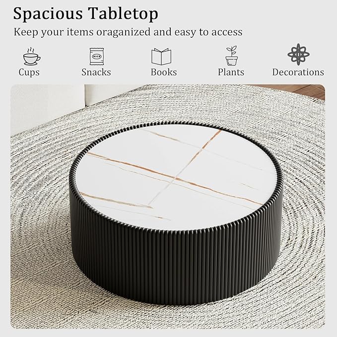 Round Coffee Table Set with Sintered Stone Tabletop, 29.52" Black Drum Center Table and 17.71" Grey Coffee Table Set, 2 Pieces Living Room Table Set with Fluted PU Leather Cover& Stable Base