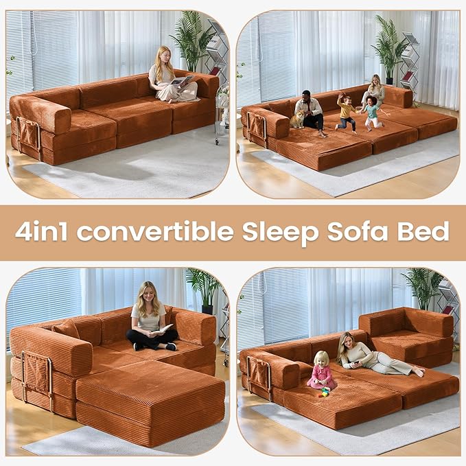 Folding Sofa Bed Convertable Corduroy Couch King Size Floor Sleeper 4-in-1 DIY Combination Modular Sofa Fold Out Futon Lounge Comfy Foldable Lazy cama for Living Room (Orange)