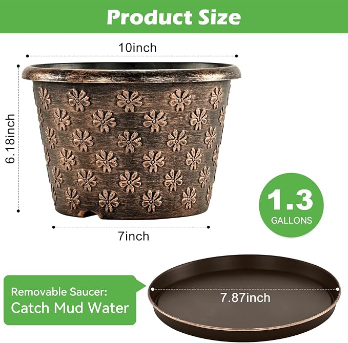 10 Inch Planter Pots for Plants, 4 Pack Plastic Large Flower Pots Indoor Outdoor, Resin Plant Pot with Drainage & Saucer, Retro Decorative Garden Pot with Removable Trays for House
