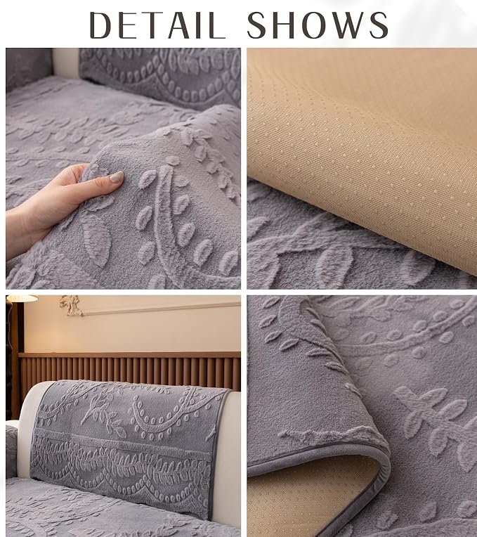 Grey Fuzzy Rabbit Plush Sofa Cover Cozy Warm Sofa Couch Covers with 3D Jacquard Leaf Pattern Non-Slip Easy-to-Install Shaggy Sofa Slipcover Prefect for Kids Dogs Cats Cats(Grey,36"x70")