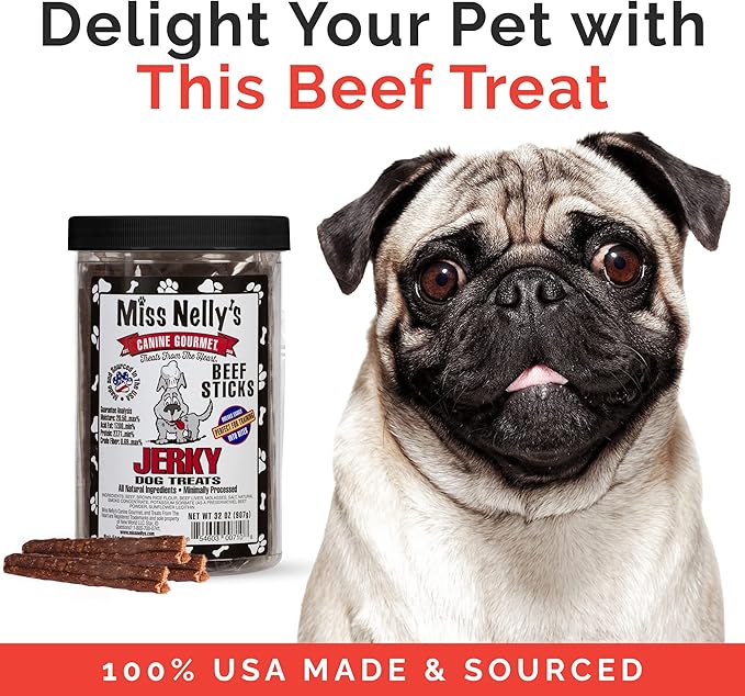 Miss Nelly's- All Natural Beef Jerky Dog Treats Made in USA Only-Original Smoke House Recipe-Minimally Processed Soft Sticks Dog Jerky Treats-32 oz. Jar