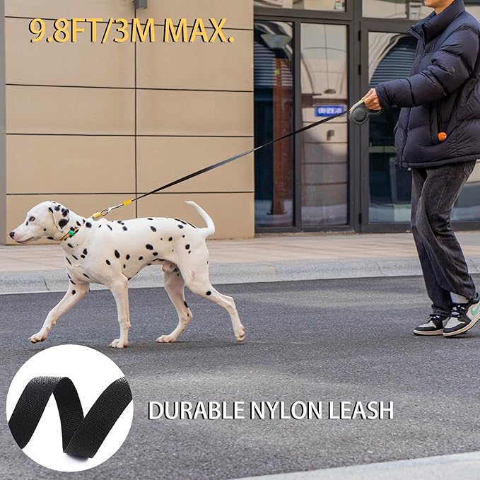 JSXD 360° Tangle-Free Retractable Dog Leash with One-Handed Brake, Pause, Lock, 10 ft Strong Nylon Tape Pet Walking Leash,Suitable for Cats, Small and Medium Dogs up to 66 lbs (Black, 10 ft)