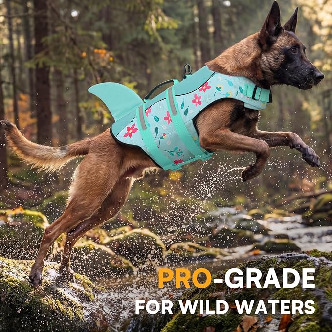 Dog Life Jacket, Dog Life Vest for Swimming, Doggie Shark Swimming Vest with Rescue Handle, Adjustable Reflective Pet Lifesaver Preserver for Small Dogs, Blue Flower S