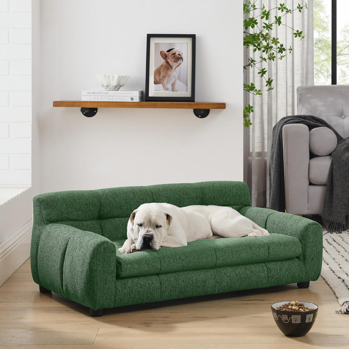 Dog Couch Bed, Mini Sofa for Dogs with Backrest and Armrest, Durable Pet Sofa with Soft Foam Cushion, Elevated Dog Couch Bed with Legs for Medium and Large Dogs, Emerald Green