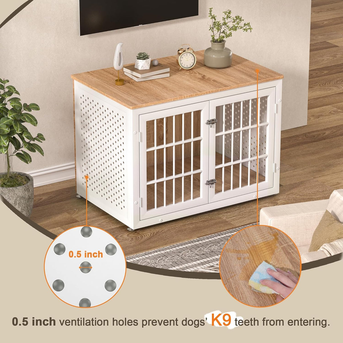 38" Heavy Duty Dog Crate Furniture for Large and Medium Dogs,Wooden Metal Kennel for High Anxiety Dogs, Chew Proof Pet Cage Indoor, Decorative Dog Kennel End Table, White
