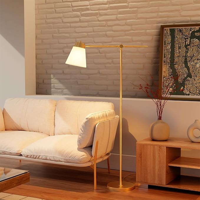 69" Floor Lamp, Swing Arm, Matte Brass Plated, White Tapered Fabric Shade, On/Off Rotary Switch on Socket, 5-Foot Clear Cord, 1-Light, 40W E26/Medium Base Bulb