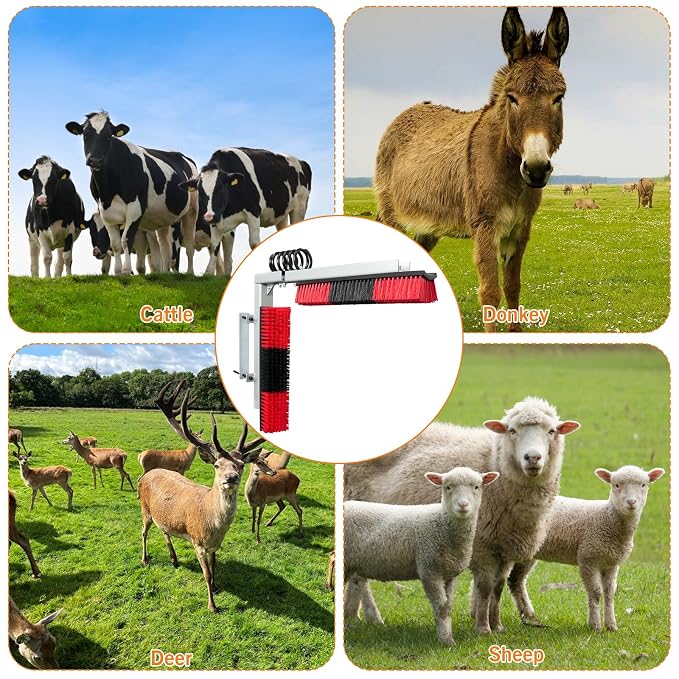 Livestock Scratch Brush With Spring Iron Holder，Animal Back Scratching Brush Including 4pcs goat brushes, 4 stands and accessories For Cow,Cattle,Sheep, Horses,Pigs，Massage Grooming Tool（Red）