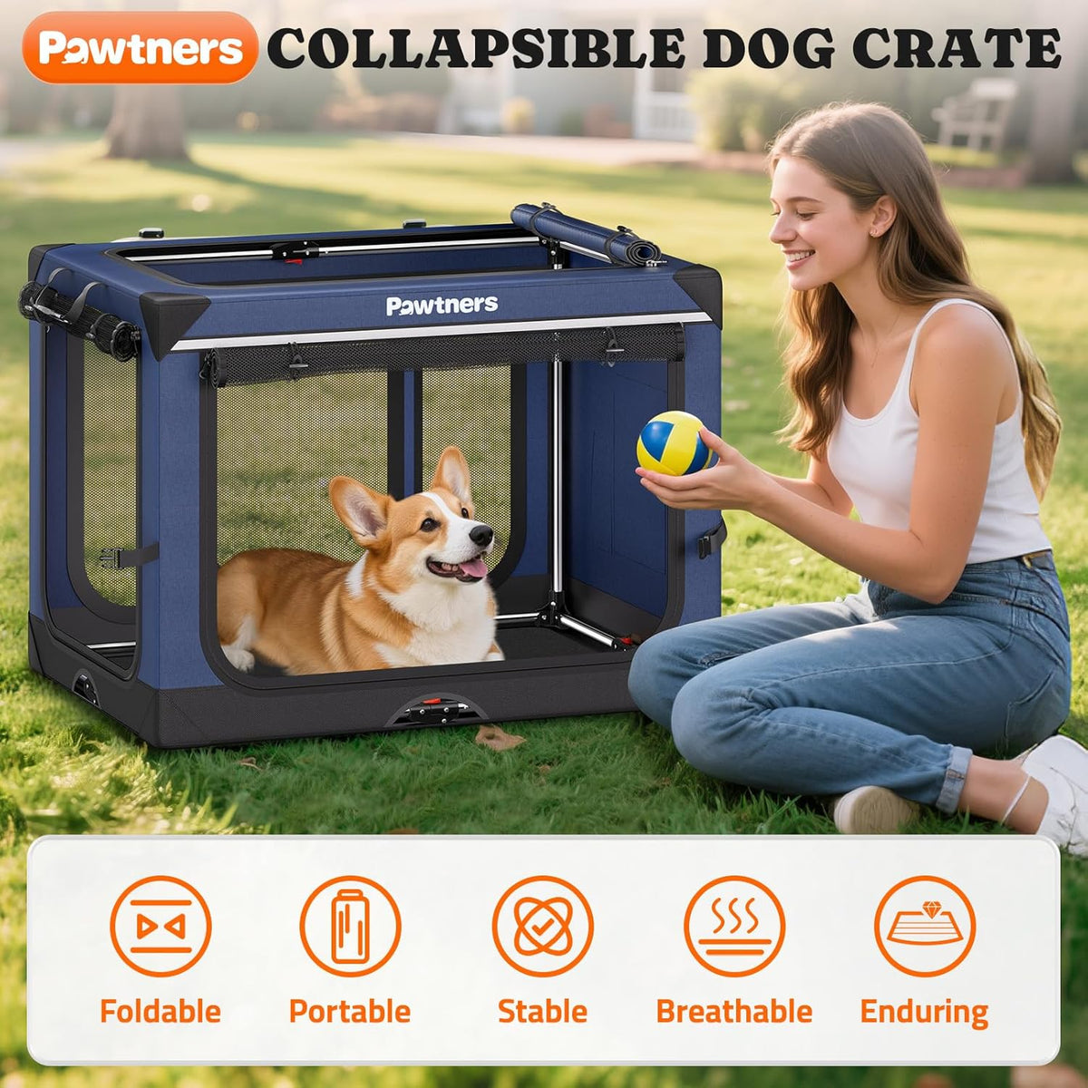 Collapsible Dog Crate: 30 Inch Foldable Soft Sided Dog Crate for Medium Dogs, Portable Dog Travel Kennel with Soft Mat for Indoors & Outdoors, Blue (30" L x 21" W x 21" H)