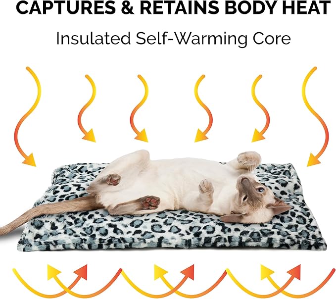 Furhaven ThermaNAP Self-Warming Cat Bed for Indoor Cats & Small Dogs, Washable & Reflects Body Heat - Quilted Faux Fur Reflective Bed Mat - Snow Leopard, Small