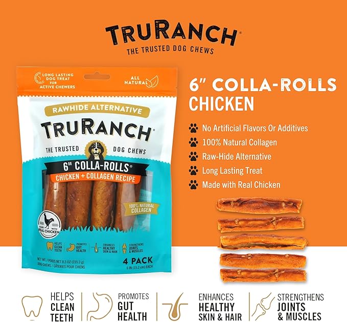 TRURANCH Collagen Rolls - 6" Collagen Rolls for Dogs - Long Lasting Healthy Joint Support - Rawhide Alternative - Skin & Coat Health - Made with Real Chicken, Value Pack, 15 Bags, 60 Count