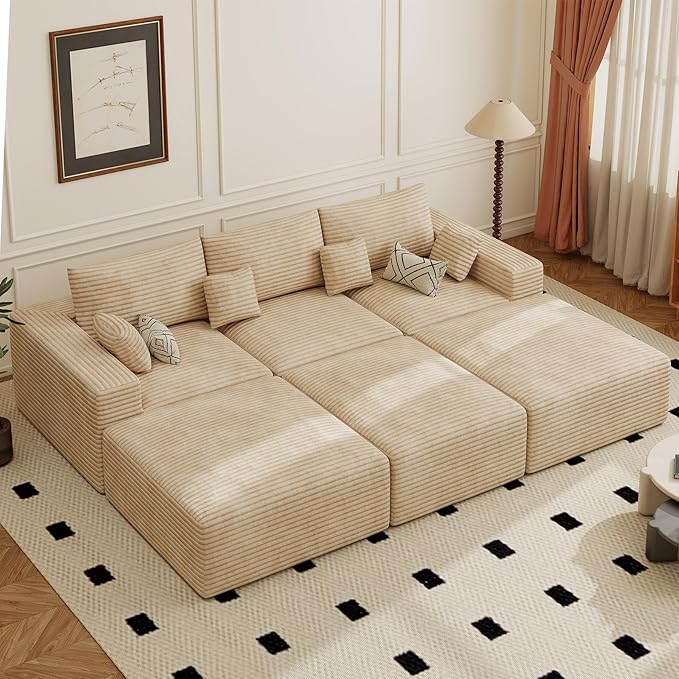 113" Modular Sectional Sofa Bed, Convertible Cloud Couches for Living Room with Ottoman, 6 Seater Corduroy Boneless Couch Sleeper Sofa Set, No Assembly Required, Khaki 1 PCS