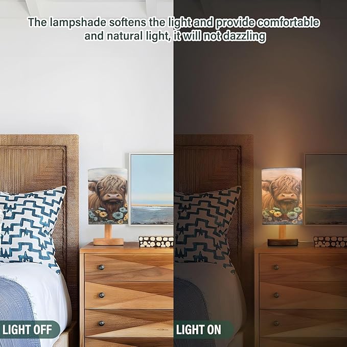 Highland Cows Daisy Wooden Vintage LED Table Lamp for Bedroom Bedside Lamp with USB Charging Ports Decor Nightstand for Living Room Reading Dorm Desk Home Office