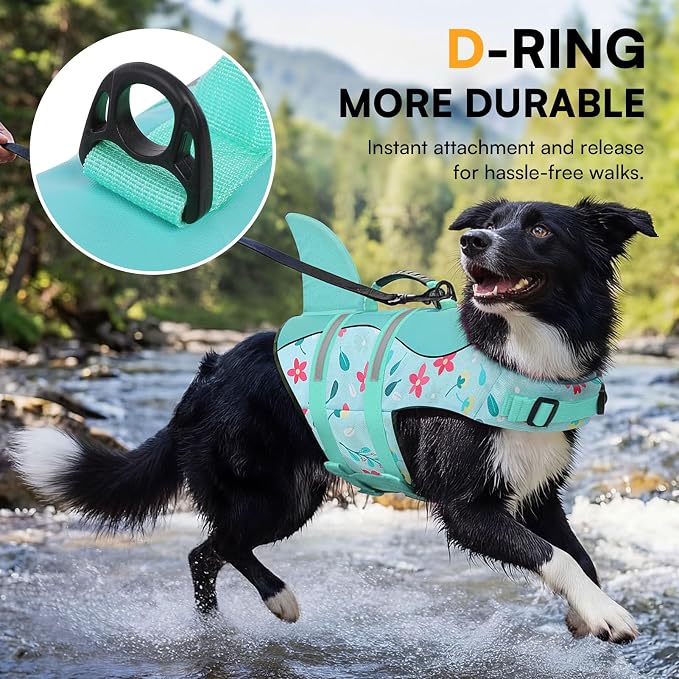 Dog Life Jacket, Dog Life Vest for Swimming, High Buoyancy Shark Swimming Safety Vest for Large Dogs, Reflective Pet Lifesaver Preserver with Rescue Handle, Blue Flower XL