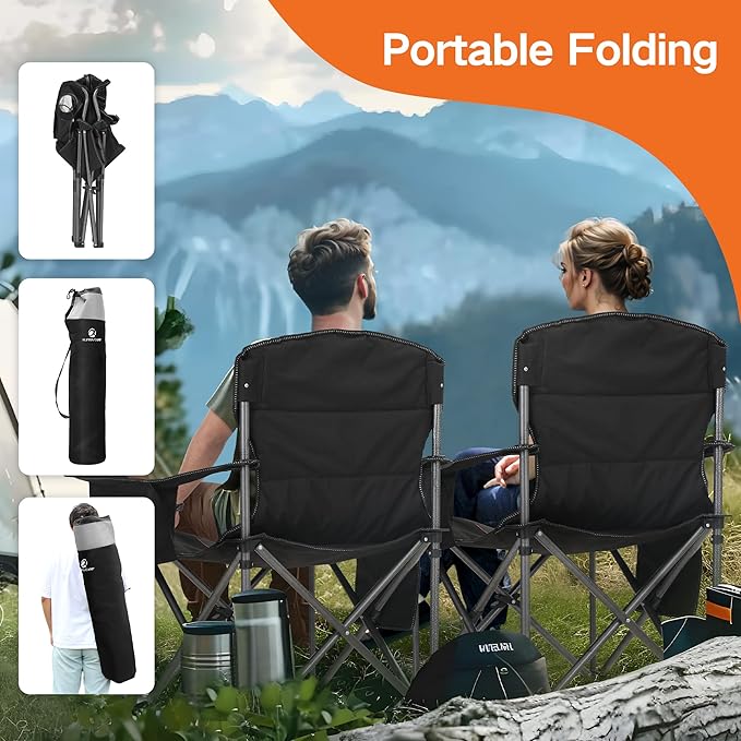 ALPHA CAMP Oversized Folding Camping Chair, Heavy Duty Portable Lawn Chairs with Cooler Bag, Side Pocket & Cup Holder, Folding Chairs for Outside Support 450 LBS