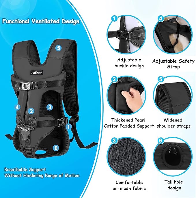 PetBonus Dog Front Carrier Backpacks, Legs Out Easy-fit Puppy Chest Carrier | Hands Free, Adjustable, Safety Strap, Walking Hiking Cycling Motorcycle bag, For Small Medium Dogs (Black, S)