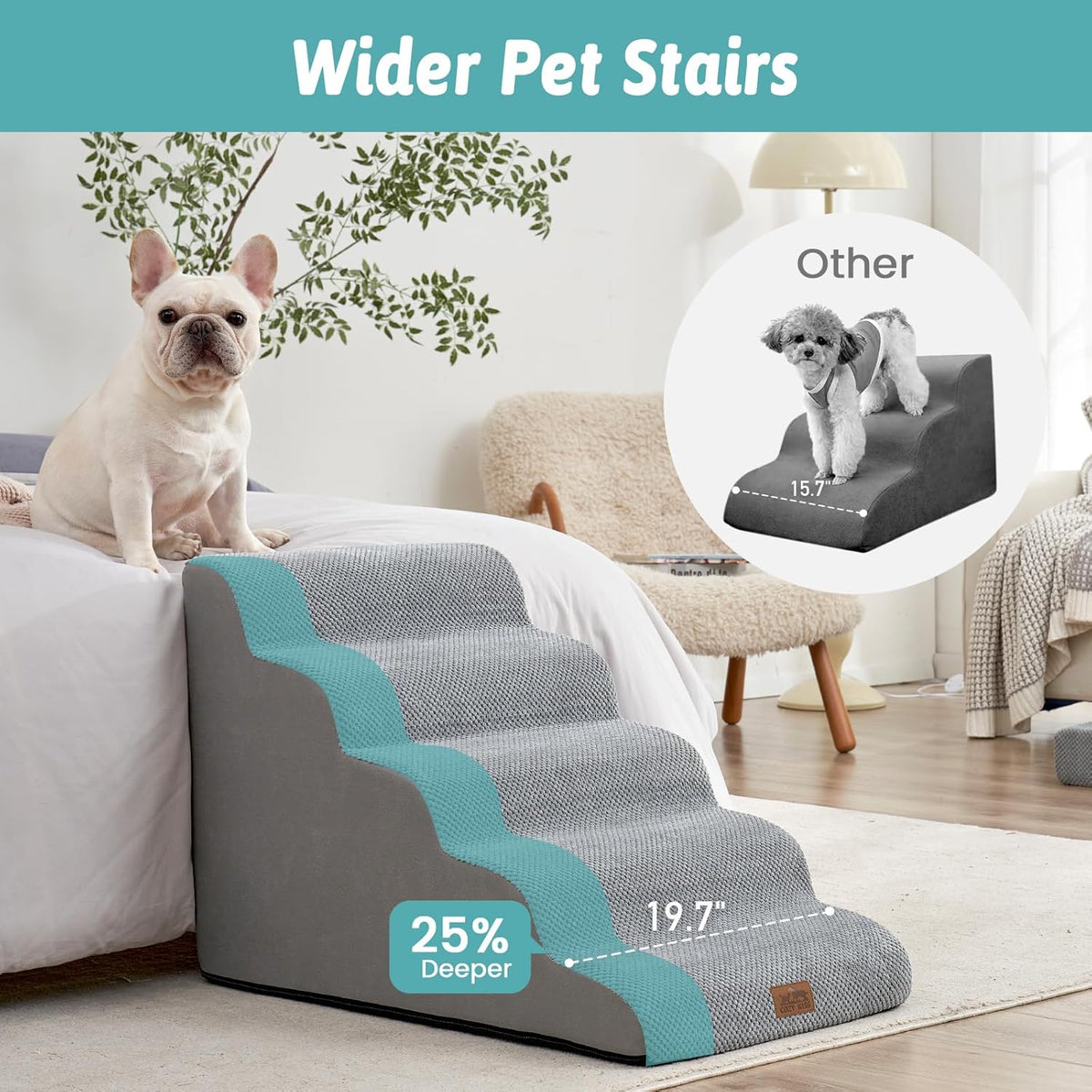 Wide Dog Stairs 19.7" Width, Pet Step for Small/Medium/Large Dog, Puppy or Cat, Pet Ramp for High Bed or Car, High Density Foam Ladder, 19.7x33x22.4 in, Stable, 5 Step, Grey