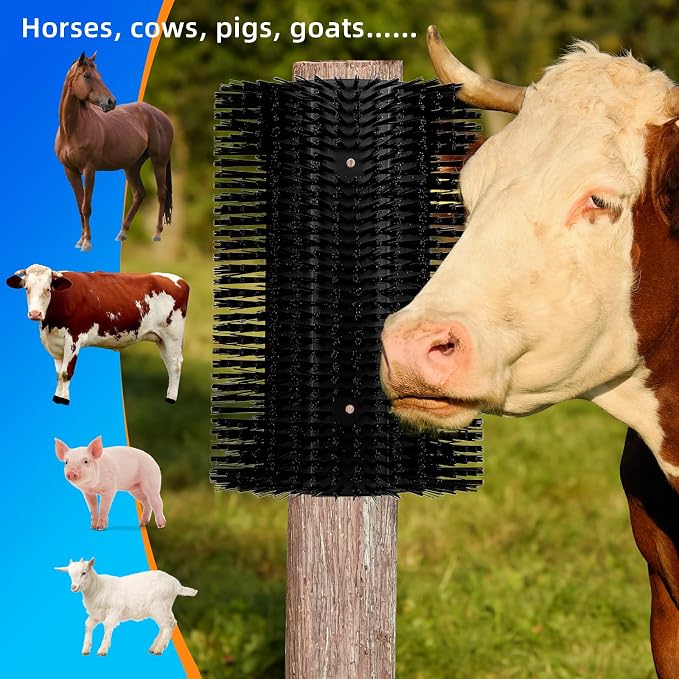 Extra Large Size Livestock Scratching Brush, Upgraded Horse/Goat/Cow/Cattle Scratcher Brush for Grooming, Itch Relief Horse Scratcher Brushes Kit with Two Sets of Mounting Screws(8-Pack,Black)