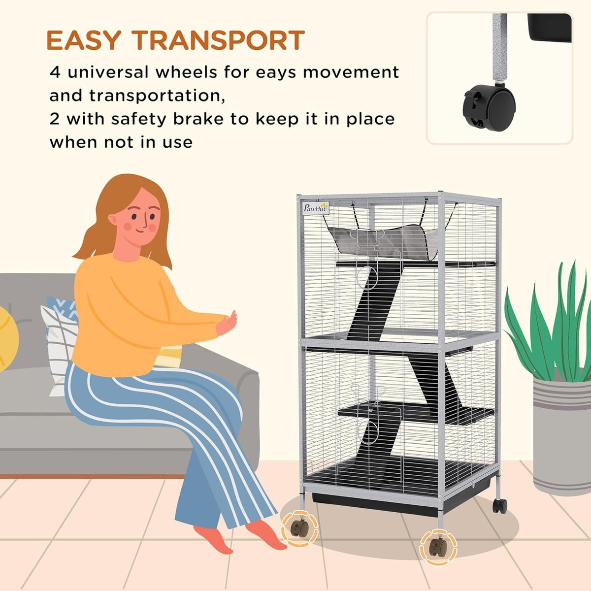 PawHut Metal Small Animal Cage, 4-Tiers Rolling Big Ferret Cage with Hammock, Removable Tray, for Chinchilla, Sugar Glider, White