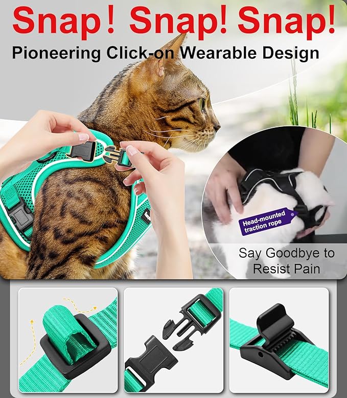 Cat Harness and Leash for Walking Escape Proof Soft Adjustable Cat Leash Breathable Comfortable Vest Easy to Wear Kitten Harness for Outdoor Travel Emerald S