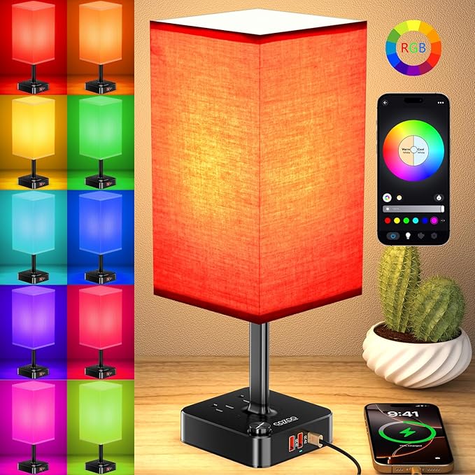 Bluetooth/WiFi RGB & USB Bedside Table Lamp with 3 USB Charging Ports 2 Outlets Power Strip, LED Light Bulb Dimmable, Music Sync Color Changing Light (RGB - Red Shade)