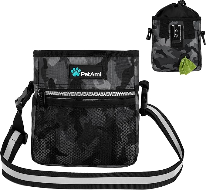 PetAmi Dog Treat Pouch, Pet Treat Pouch for Training, Dog Walking Bag Holder for Kibbles, Pet Food Toy, Dog Trainer Essentials Supplies, Poop Bag Dispenser, 3 Ways to Wear (Camo Black)