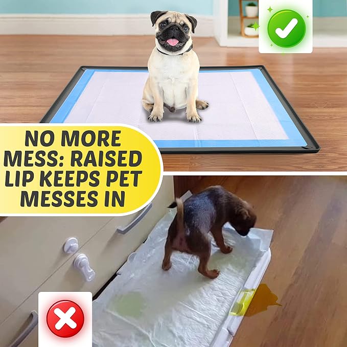 Dog Pee Pad Holder Tray Fits for 24” x 36” Pee Pads - 1 Pack - Grey | Corner Lock Holes, Raised Edges, Non-Spill, Easy to Clean Silicone Dog Potty Tray Holder, For Indoor Floor Protection