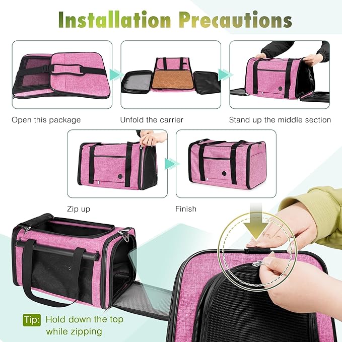 YUDODO 25 lbs Lightproof Soft Sided Pink Pet Carrier for Large Cat & Small Dog Airline Approved Travel Bag Puppy Carriers with Side Pockets & Reflective Mesh, Foldable Portable for Outdoor Car
