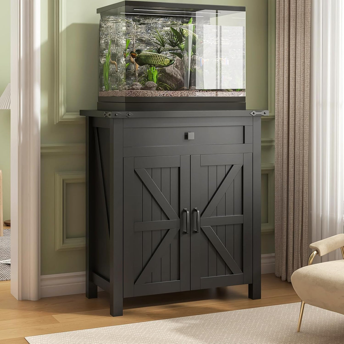 20 Gallon Aquarium Stand With Charging Station, Farmhouse Fish Tank Stand, Reptile Tank Stand Terrarium Stand with Drawer and Cabinet Storage, Sturdy Heavy Duty 27.6"×15.7" Tabletop - Black