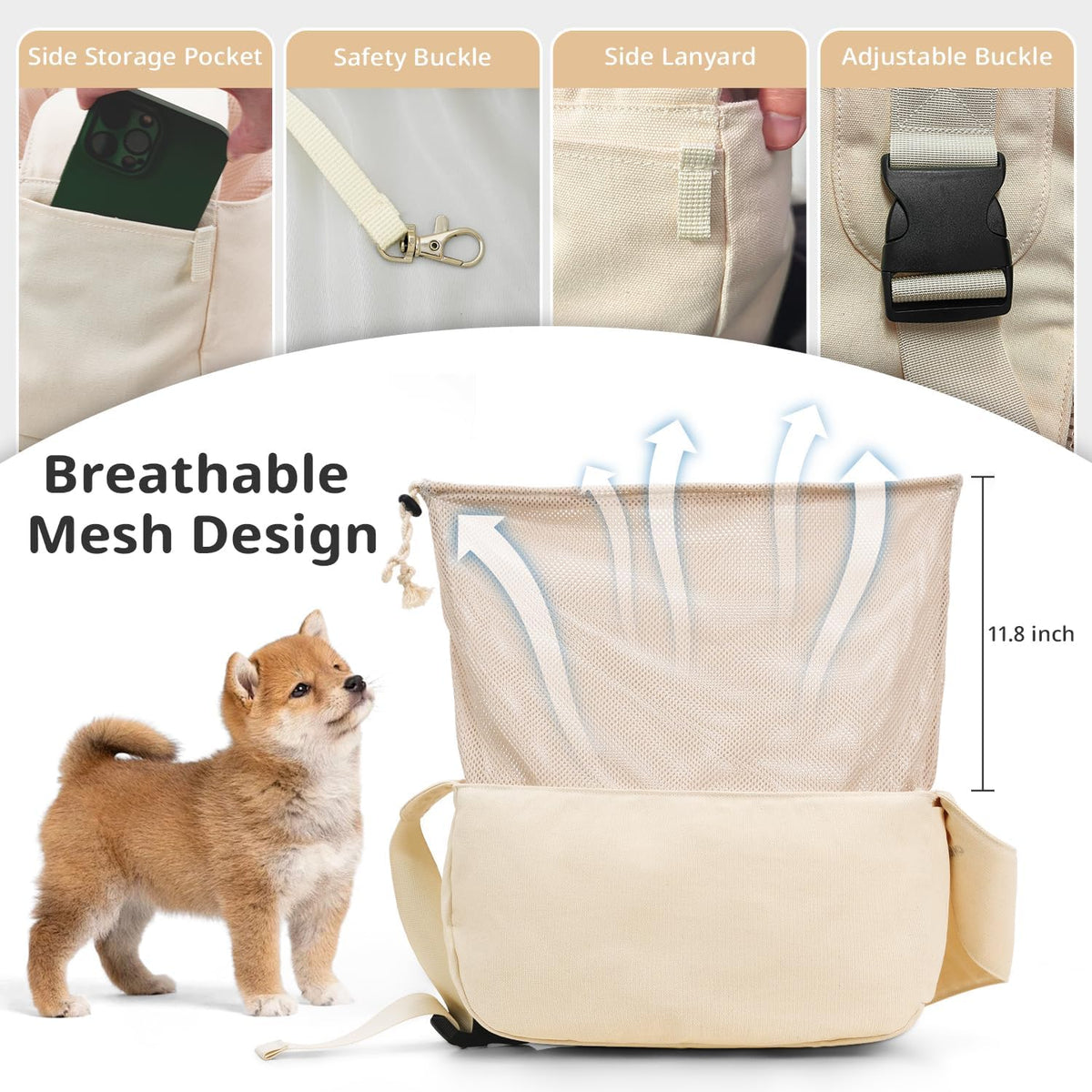Dog Sling Carrier for Small Dogs and Cats, Lightweight Collapsible Pet Travel Bag with Adjustable Strap, Side Pockets & Breathable Mesh (Beige, 15.7" L x 5.9" W x 8.6" H)