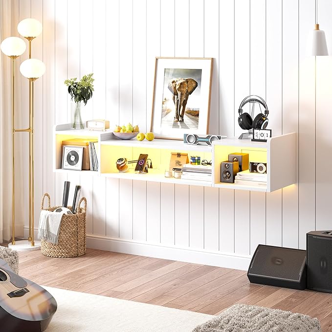 55.1"W Floating TV Stand with LED Lights & Power Outlets