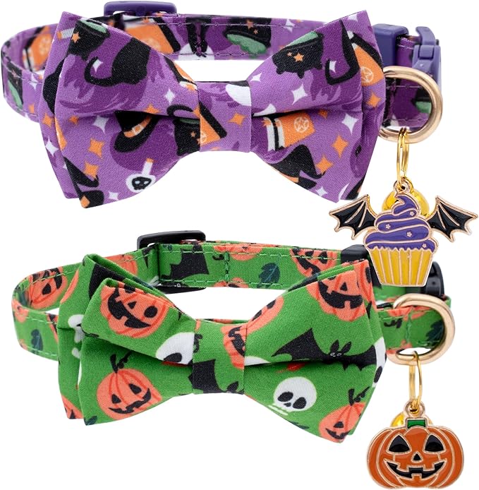 Faygarsle 2 Pack Cute Seasonal Cat Collar for Halloween and Fall Breakaway Collar with Bells Bowtie Cute Patterns for Female and Male Cats Green Purple Cat Collar