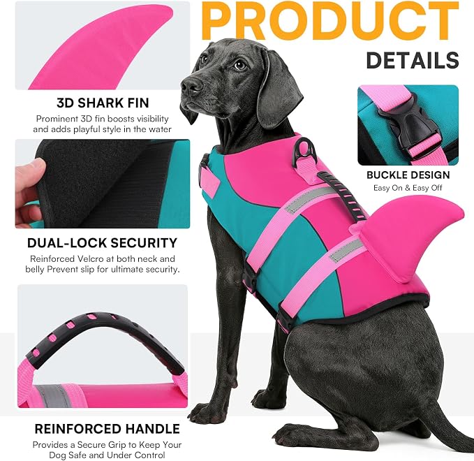Dog Life Jacket,Dog Life Vest for Swimming,Dog Shark Life Jacket with Rescue Handle,Adjustable Reflective Dog Life Preserver for Large Dog,Green L