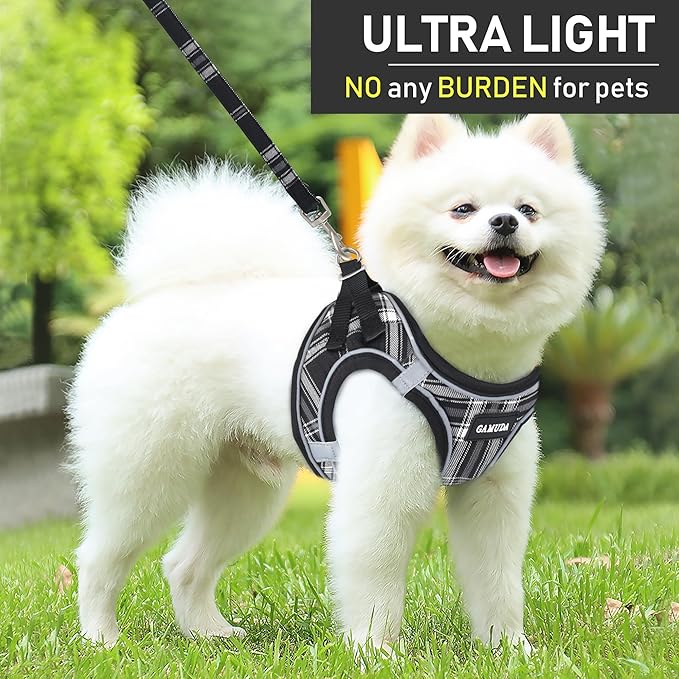 GAMUDA Small Dog Harness Collar and Leash Set, Step in No Chock No Pull Soft Mesh Adjustable Dog Vest Harnesses Plaid Reflective for Dogs Puppy Cats Kitten Rabbit (Black, S)