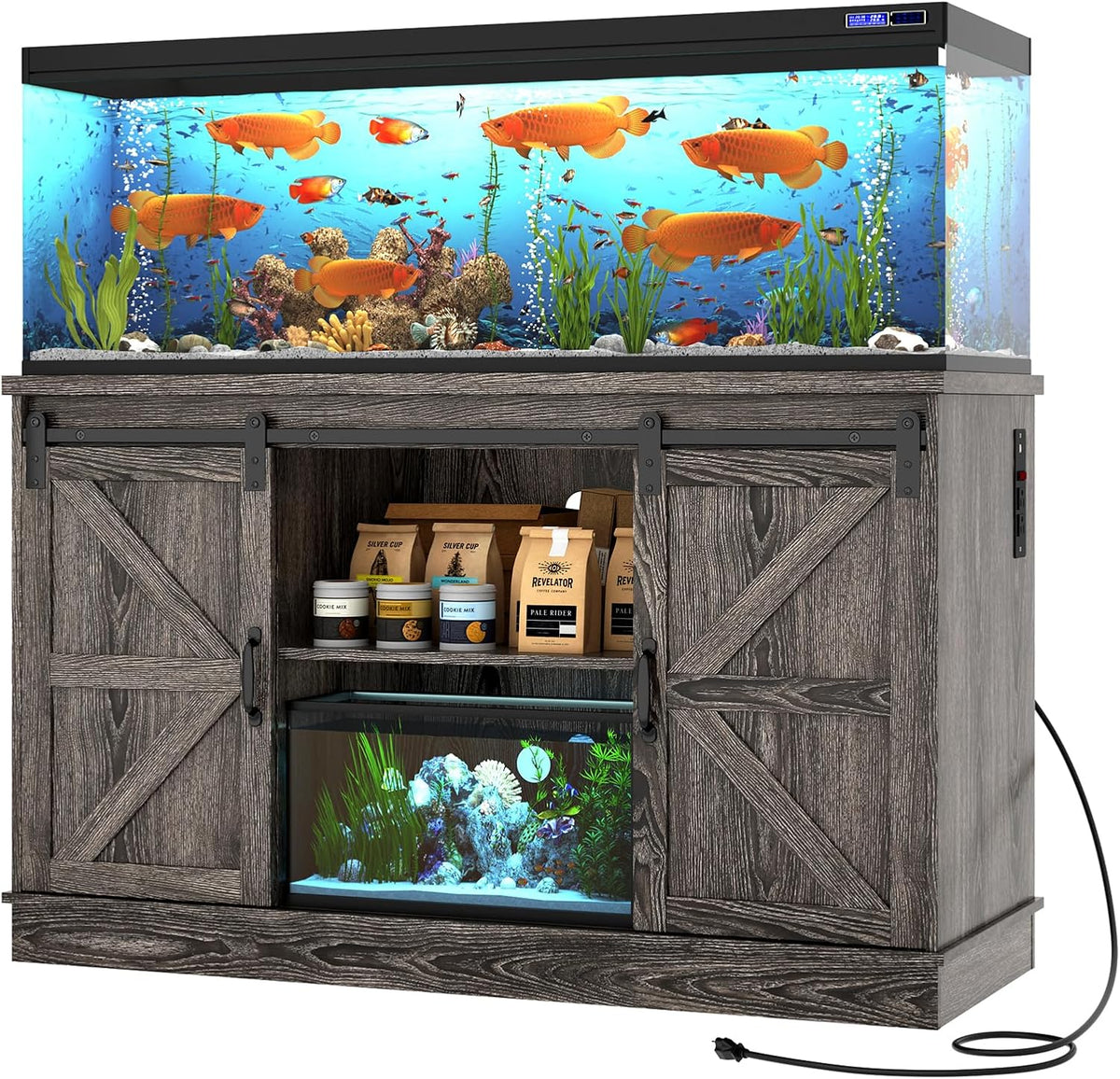 Farmhouse 55-75 Gallon Fish Tank Stand with Power Outlet, Aquarium Stand with Cabinet&Sliding Barn Door, Heavy Duty Reptile Tank Stand for 2 Fish Tank/Turtle Tank/Reptile Terrarium, Grey