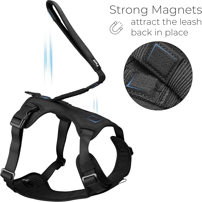 TUG Grab Dog Harness with Built-in Magnetic Traffic Leash (XL/Black) | Padded Magnetic Traffic Handle | Dual Leash Clips | 4-Point Adjustable Fit | Durable Nylon