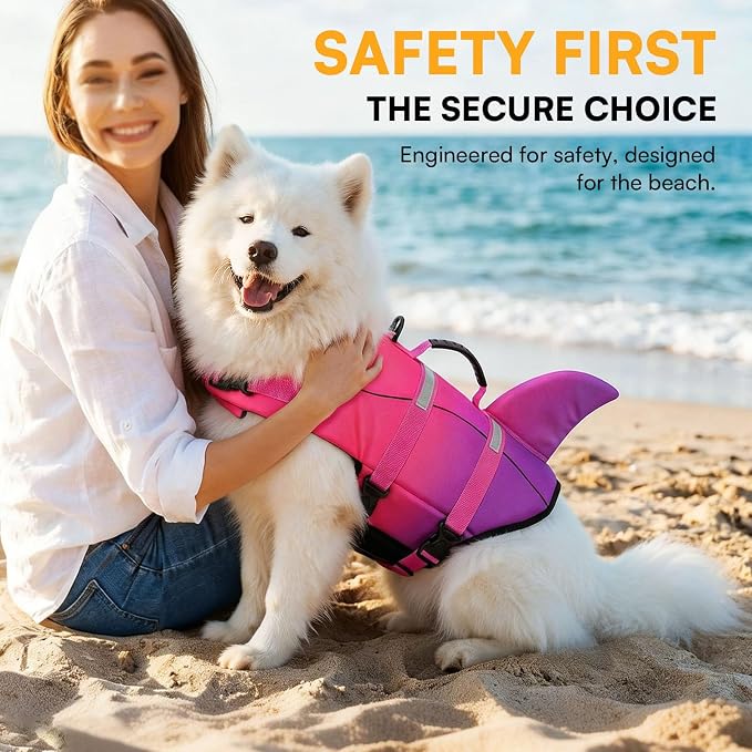 Dog Life Jacket High Flotation, Reflective Dog Life Vest for Swimming, Adjustable Dogs Life Preserver Rescue Handle Spring Summer Pool for Small, Medium, Large Dogs (Pink Purple,M)