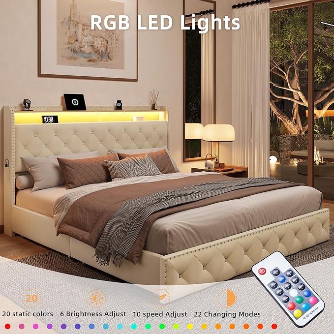 BRELTAM King Size Bed Frame with LED and Charging Station Upholstered Velvet Bed Frame with 4 Storage Drawers, Platform Bed Frame and Headboard Heavy Duty Wood Slats, Noise Free, Easy Assembly, Beige