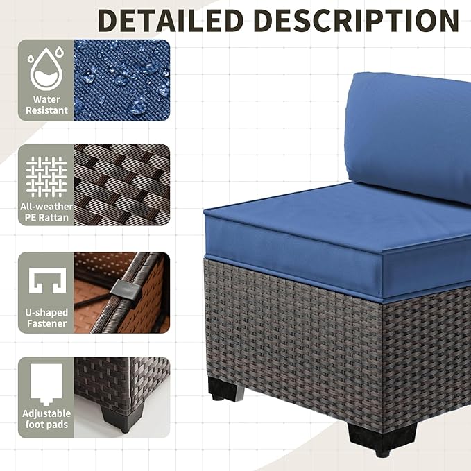 Gotland 15 Pieces Patio Furniture Set with Fire Pit Table, All Weather Rattan Outdoor Furniture with 29.5'' High Backrest 4’’ Thick Cushions Coffee Table, Patio Set for Porch, Deck, Backyard, Navy