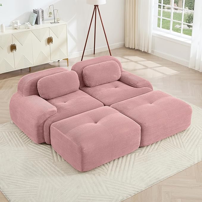 Pink Ottoman for Modular Sectional Sofa, Corduroy Deep Seat for Oversized Compressed Boneless Sectional Couches for Living Room Bedroom Apartment, Cloud Sofa Couch Set, Memory Foam, No Assembly