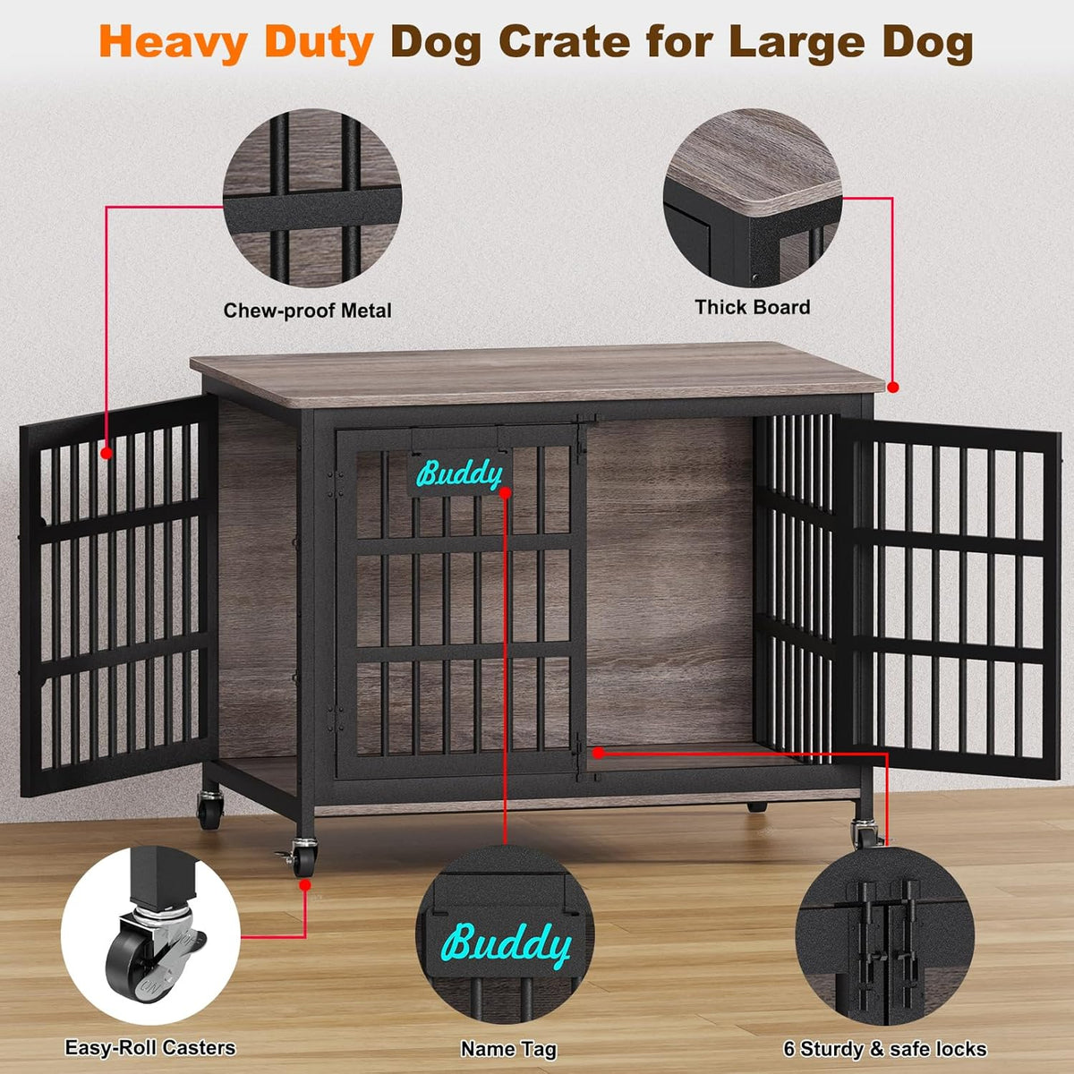 EasyCom 42"/41"/33" XL Dog Crate Furniture with Casters, Heavy Duty Dog Kennel Indoor for Large and Medium Dogs, Double-Doors Sturdy Dog Cage for Anxiety Dog, Decorate House as TV Stand, Bedside Table